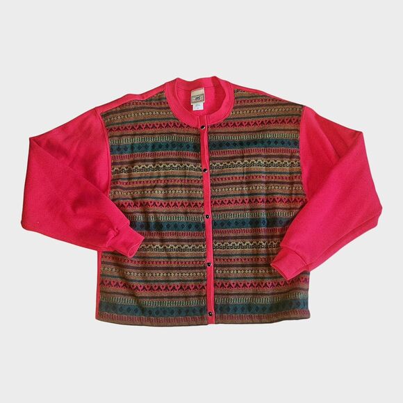 Vintage Lee Heavyweight Pearl Snap Fleece Cardigan Southwest Red Size M - Picture 1 of 10